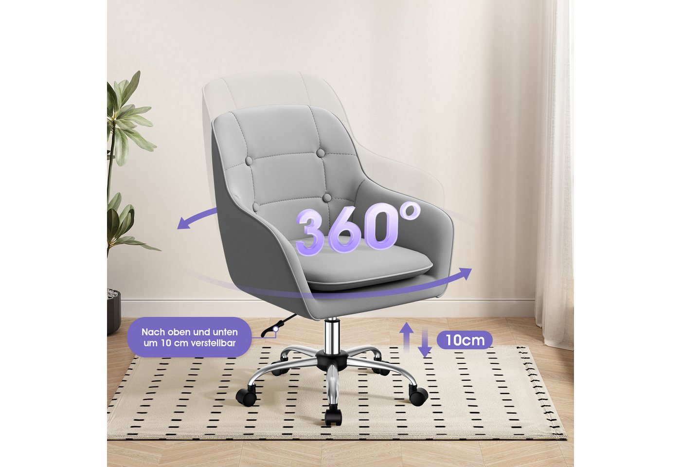 Adormii Bürostuhl Schminkstuhl,Homeoffice Stuhl mit Armlehnen,Drehstuhl mit Rrollen (Schreibtischstuhl,Boucle-Gewebe,höhenverstellbar,für Schminktisch,Arbeitszi – Bild 5 von 5