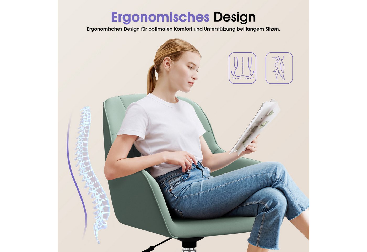 Adormii Bürostuhl Schminkstuhl,Homeoffice Stuhl mit Armlehnen,Drehstuhl mit Rrollen (Schreibtischstuhl,Boucle-Gewebe,höhenverstellbar,für Schminktisch,Arbeitszi – Bild 2 von 5
