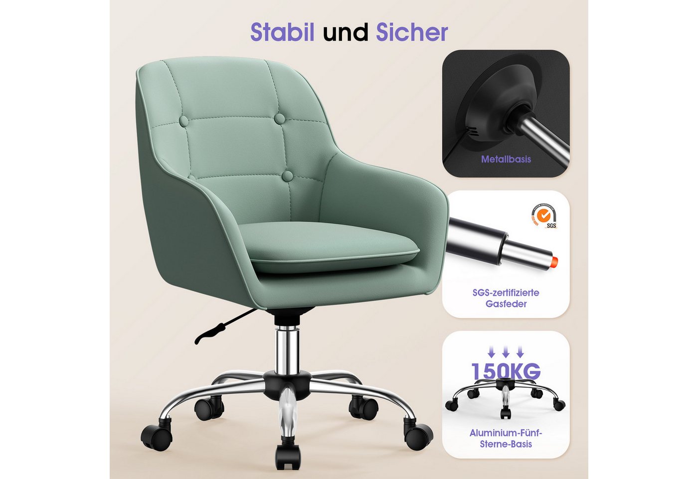 Adormii Bürostuhl Schminkstuhl,Homeoffice Stuhl mit Armlehnen,Drehstuhl mit Rrollen (Schreibtischstuhl,Boucle-Gewebe,höhenverstellbar,für Schminktisch,Arbeitszi – Bild 3 von 5