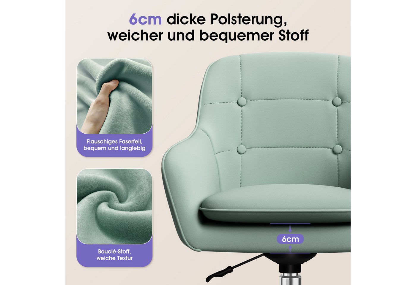 Adormii Bürostuhl Schminkstuhl,Homeoffice Stuhl mit Armlehnen,Drehstuhl mit Rrollen (Schreibtischstuhl,Boucle-Gewebe,höhenverstellbar,für Schminktisch,Arbeitszi – Bild 4 von 5