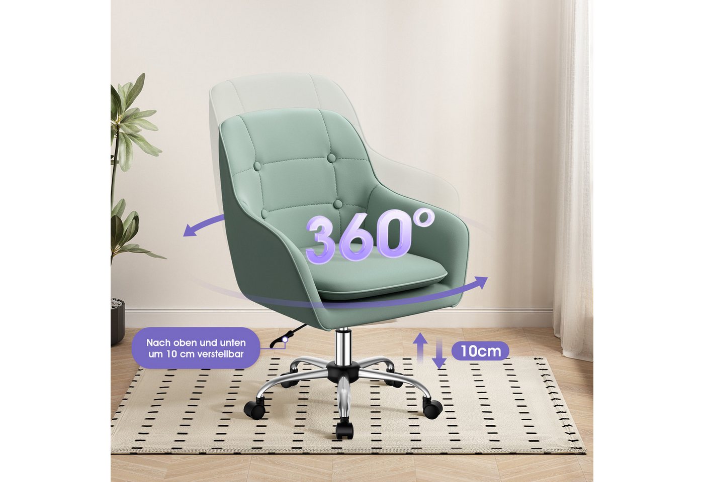 Adormii Bürostuhl Schminkstuhl,Homeoffice Stuhl mit Armlehnen,Drehstuhl mit Rrollen (Schreibtischstuhl,Boucle-Gewebe,höhenverstellbar,für Schminktisch,Arbeitszi – Bild 5 von 5