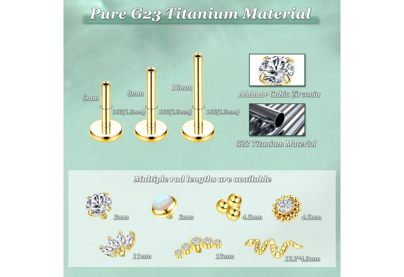 Adramata Piercing-Set Titan Helix Tragus Piercing Set Innengewinde Ohrstecker Conch Gold – Bild 3 von 5