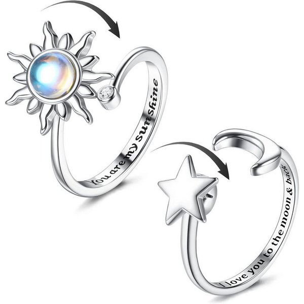 Adramata Silberring 2er Set Silber Spinner Ringe Sonnenblume Mondstein Verstellbar Anti