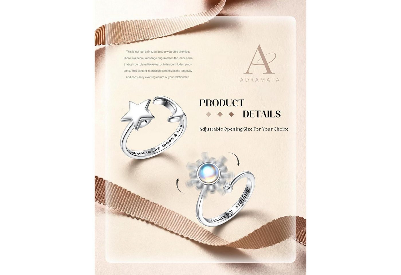 Adramata Silberring 2er Set Silber Spinner Ringe Sonnenblume Mondstein Verstellbar Anti – Bild 2 von 5