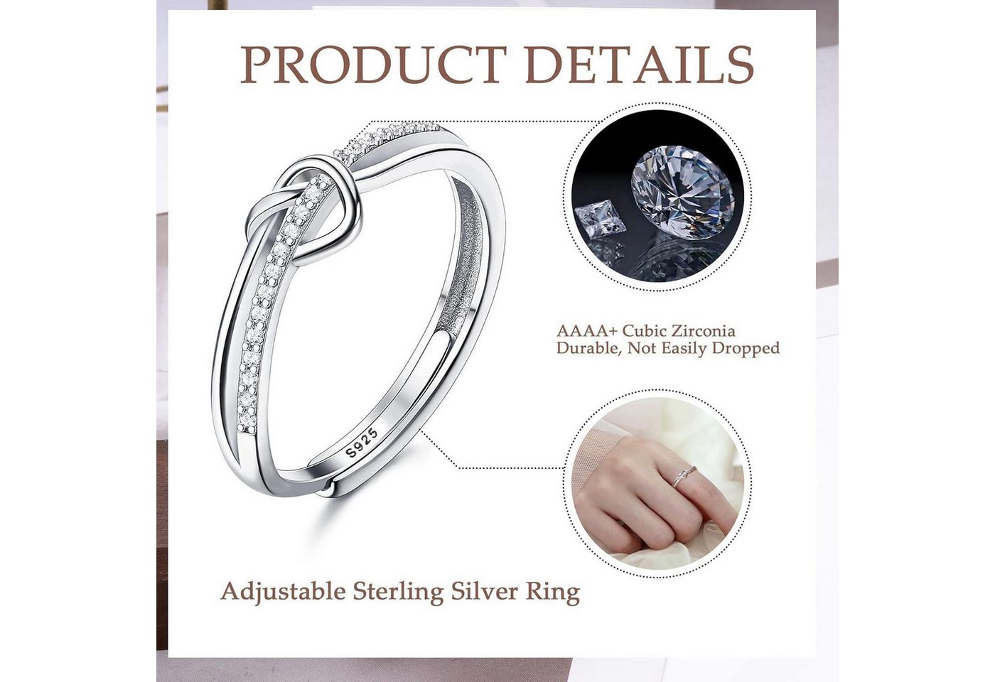 Adramata Silberring 925 Sterling Silber Damenring mit Zirkonia, Einstellbarer Liebesknoten – Bild 2 von 5