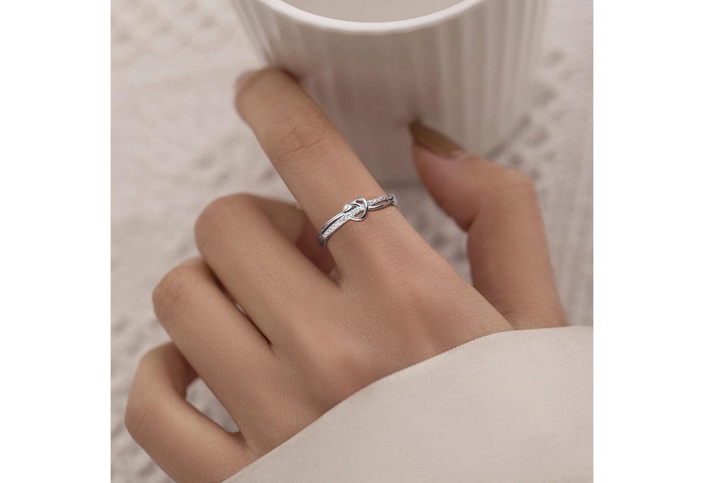 Adramata Silberring 925 Sterling Silber Damenring mit Zirkonia, Einstellbarer Liebesknoten – Bild 5 von 5