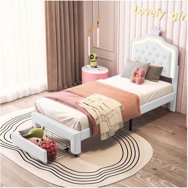 ADWOLT Einzelbett Polsterbett Kinderbett 90x200cm mit LED-Beleuchtung, mit Höhenverstellbarem Kopfteil,Kunstleder,Weiß