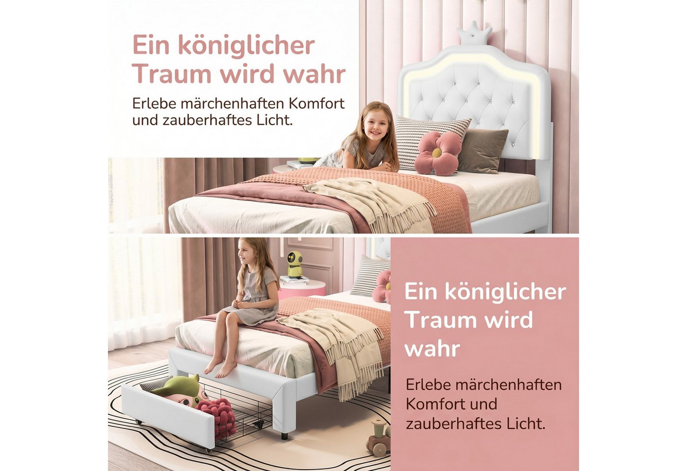 ADWOLT Einzelbett Polsterbett Kinderbett 90x200cm mit LED-Beleuchtung, mit Höhenverstellbarem Kopfteil,Kunstleder,Weiß – Bild 2 von 5