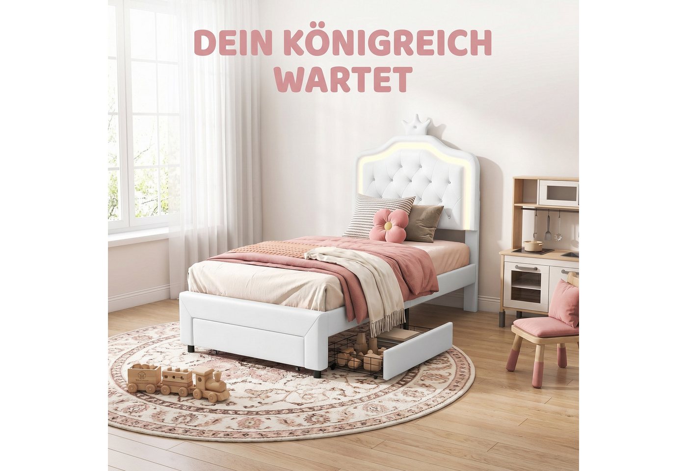 ADWOLT Einzelbett Polsterbett Kinderbett 90x200cm mit LED-Beleuchtung, mit Höhenverstellbarem Kopfteil,Kunstleder,Weiß – Bild 3 von 5