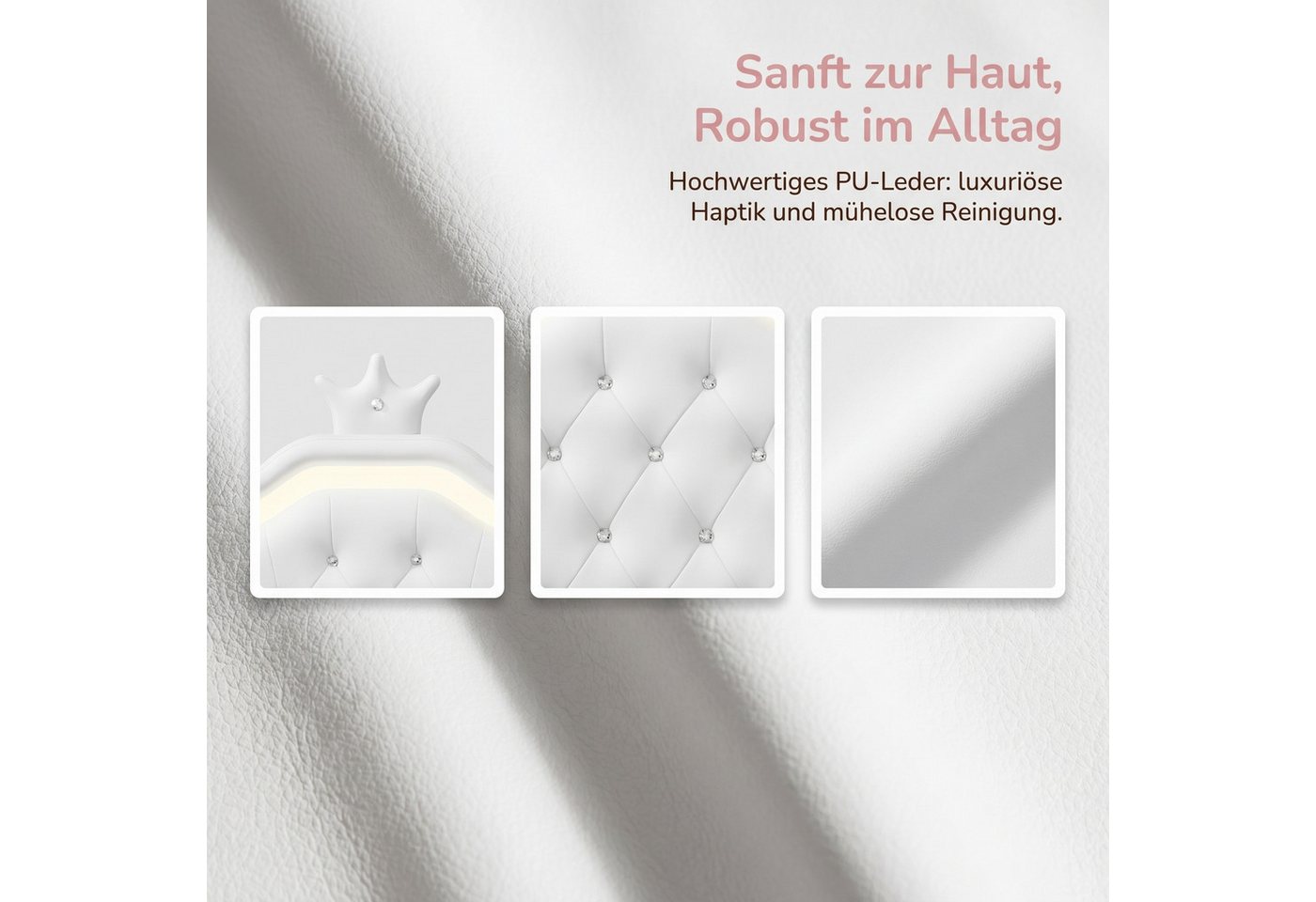 ADWOLT Einzelbett Polsterbett Kinderbett 90x200cm mit LED-Beleuchtung, mit Höhenverstellbarem Kopfteil,Kunstleder,Weiß – Bild 4 von 5