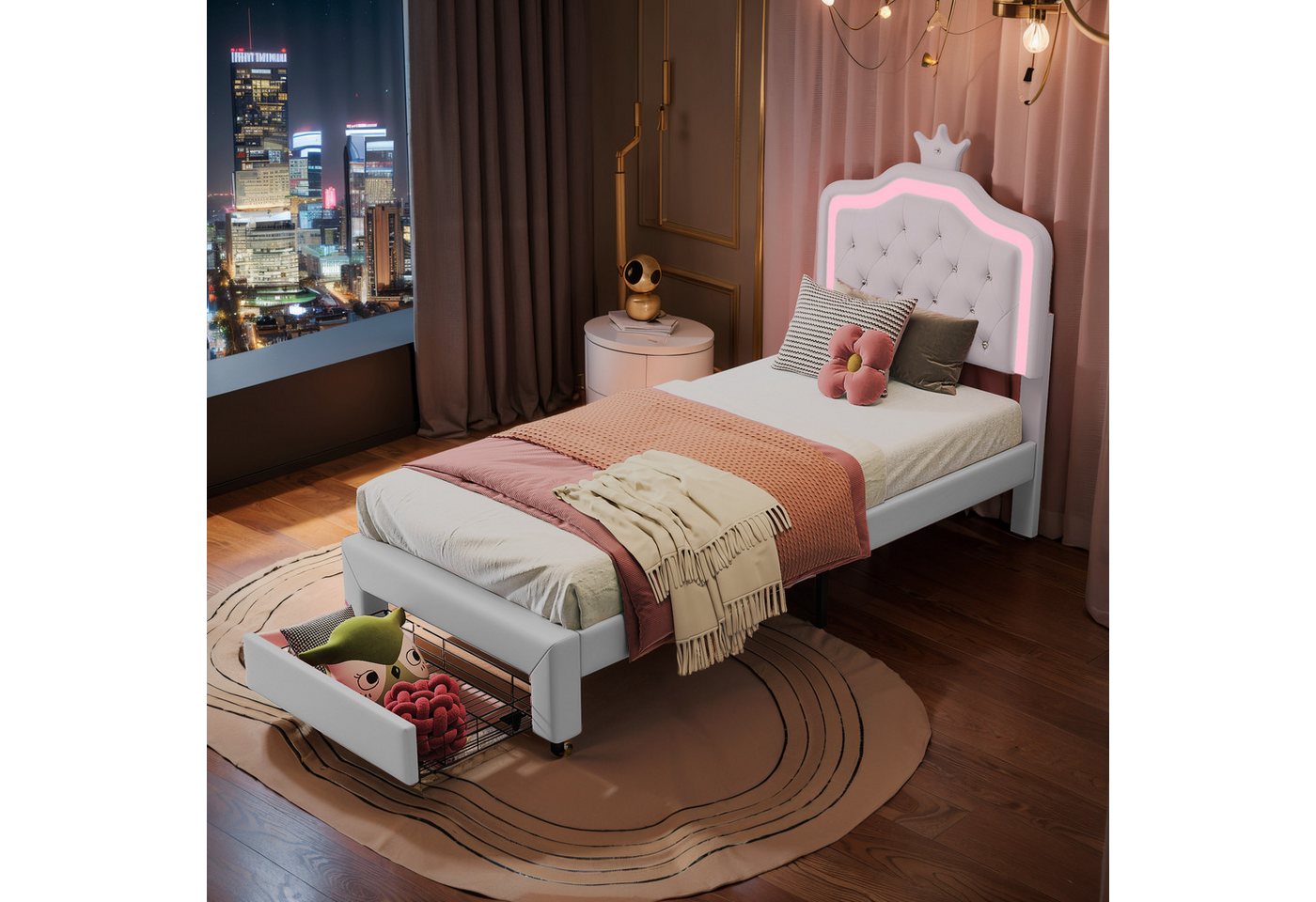 ADWOLT Einzelbett Polsterbett Kinderbett 90x200cm mit LED-Beleuchtung, mit Höhenverstellbarem Kopfteil,Kunstleder,Weiß – Bild 5 von 5
