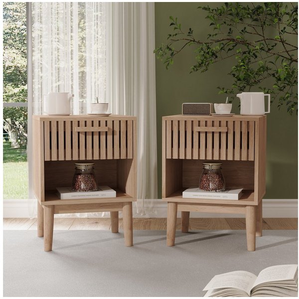 ADWOLT Nachttisch 2er Set Nachtschrank aus Holz, Nachtkommode mit Schubladen,Beistelltisch,Natur, 40 x 35 x 55 cm