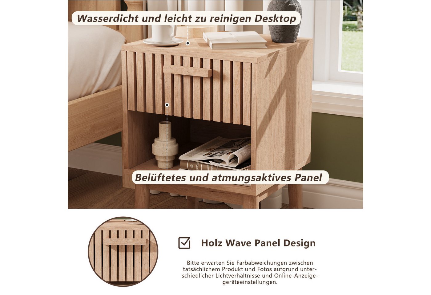 ADWOLT Nachttisch 2er Set Nachtschrank aus Holz, Nachtkommode mit Schubladen,Beistelltisch,Natur, 40 x 35 x 55 cm – Bild 2 von 5