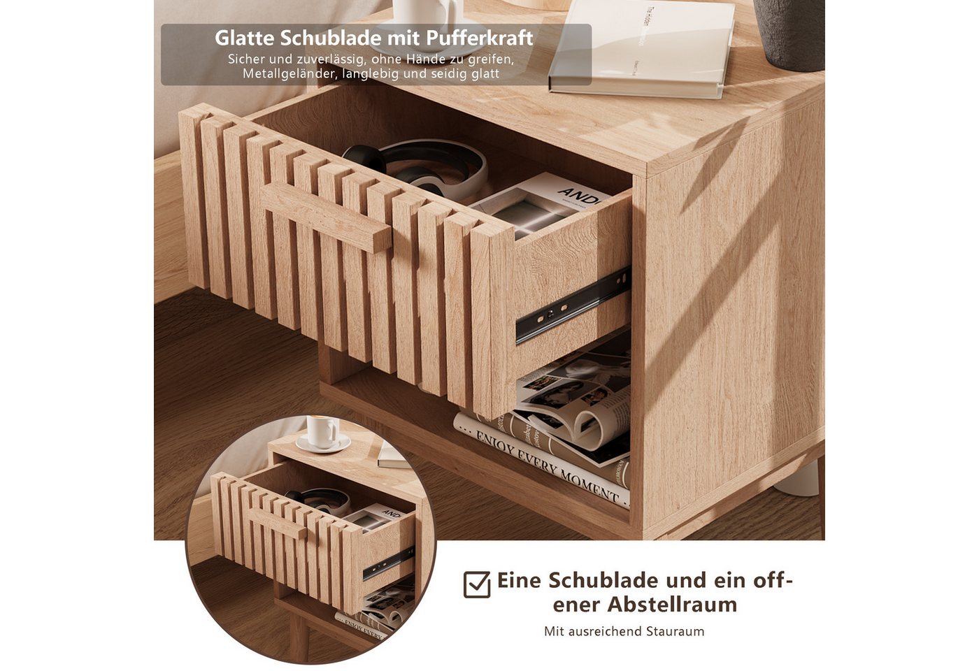 ADWOLT Nachttisch 2er Set Nachtschrank aus Holz, Nachtkommode mit Schubladen,Beistelltisch,Natur, 40 x 35 x 55 cm – Bild 3 von 5