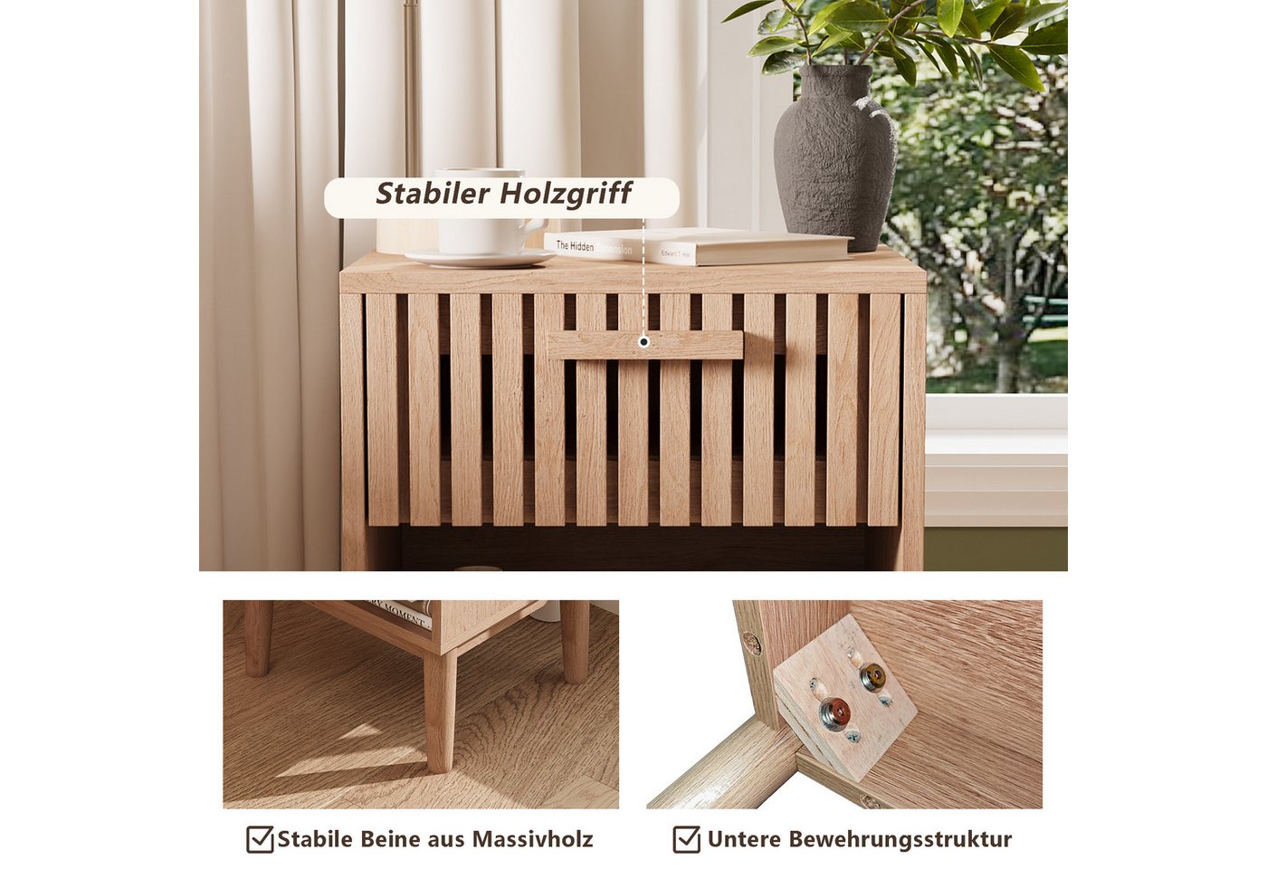 ADWOLT Nachttisch 2er Set Nachtschrank aus Holz, Nachtkommode mit Schubladen,Beistelltisch,Natur, 40 x 35 x 55 cm – Bild 4 von 5
