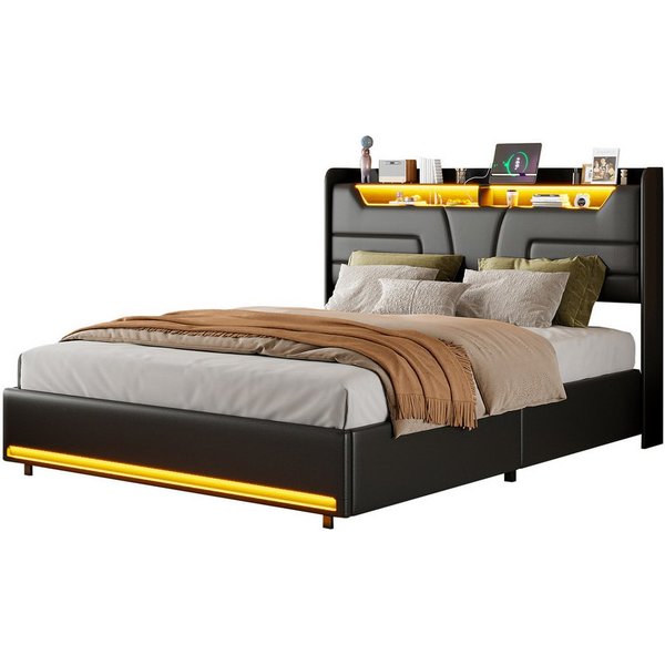 ADWOLT Polsterbett Hydraulisches LED Doppelbett (Set, 1-tlg), 140x200cm Stauraumbett, Ladestation,Kunstleder,Schwarz