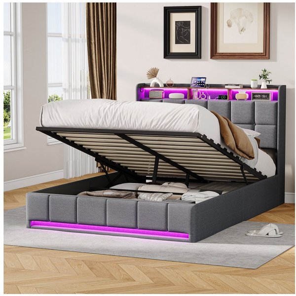 ADWOLT Polsterbett LED Hydraulisches Doppelbett Bett mit Stauraum (Set, 1-tlg., 160x200cm Stauraumbett), Bettgestell mit Lattenrost,Leinenmaterial,ohne Matratze