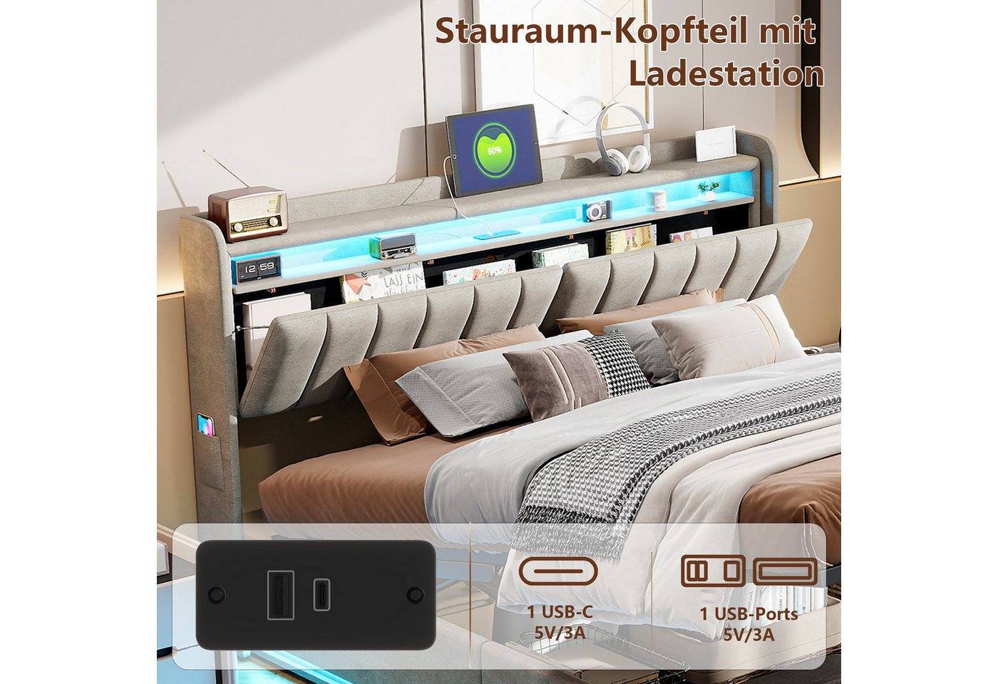 ADWOLT Polsterbett LED Hydraulisches Doppelbett (Set, 1-tlg., ohne Matratz,Ladefunktion, Samt, Grau), 140x200cm Stauraumbett - 145x207x103cm – Bild 3 von 5