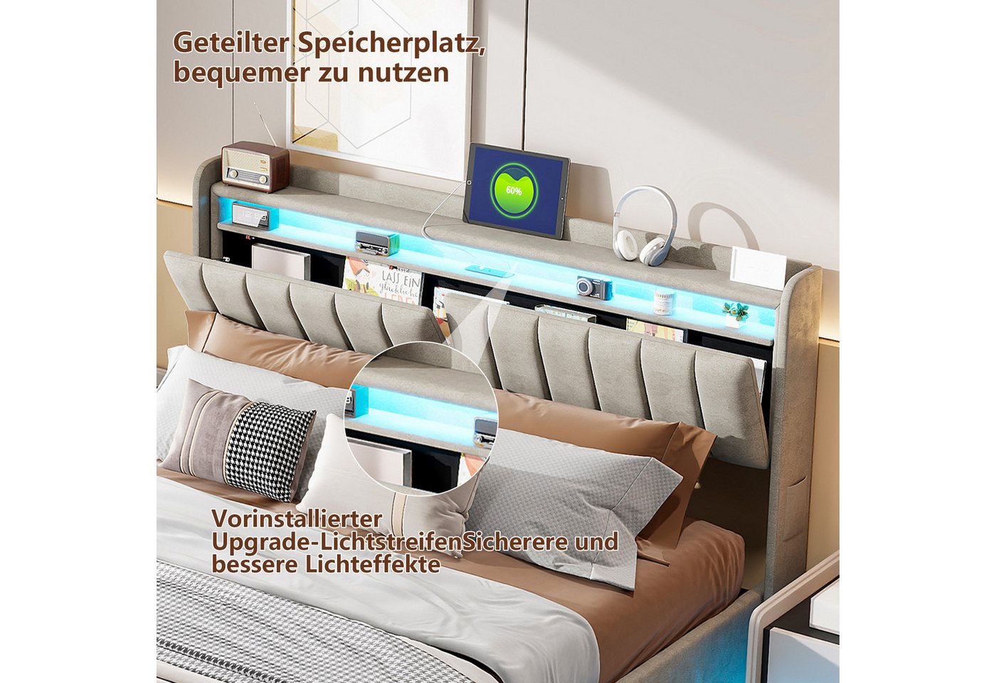 ADWOLT Polsterbett LED Hydraulisches Doppelbett (Set, 1-tlg., ohne Matratz,Ladefunktion, Samt, Grau), 140x200cm Stauraumbett - 145x207x103cm – Bild 4 von 5