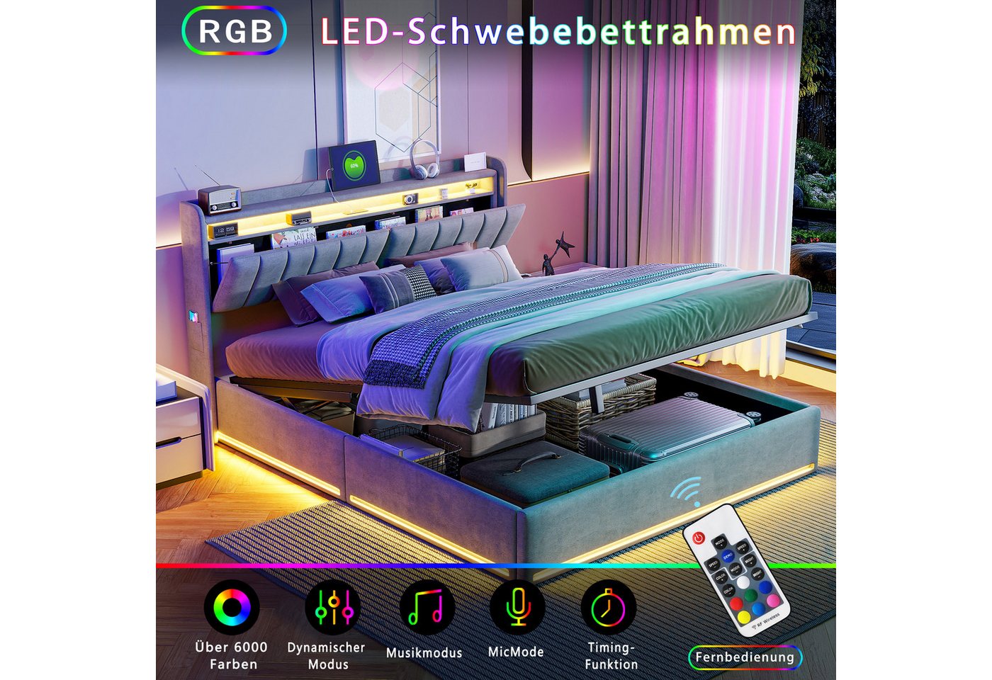 ADWOLT Polsterbett LED Hydraulisches Doppelbett (Set, 1-tlg., ohne Matratz,Ladefunktion, Samt, Grau), 140x200cm Stauraumbett - 145x207x103cm – Bild 5 von 5