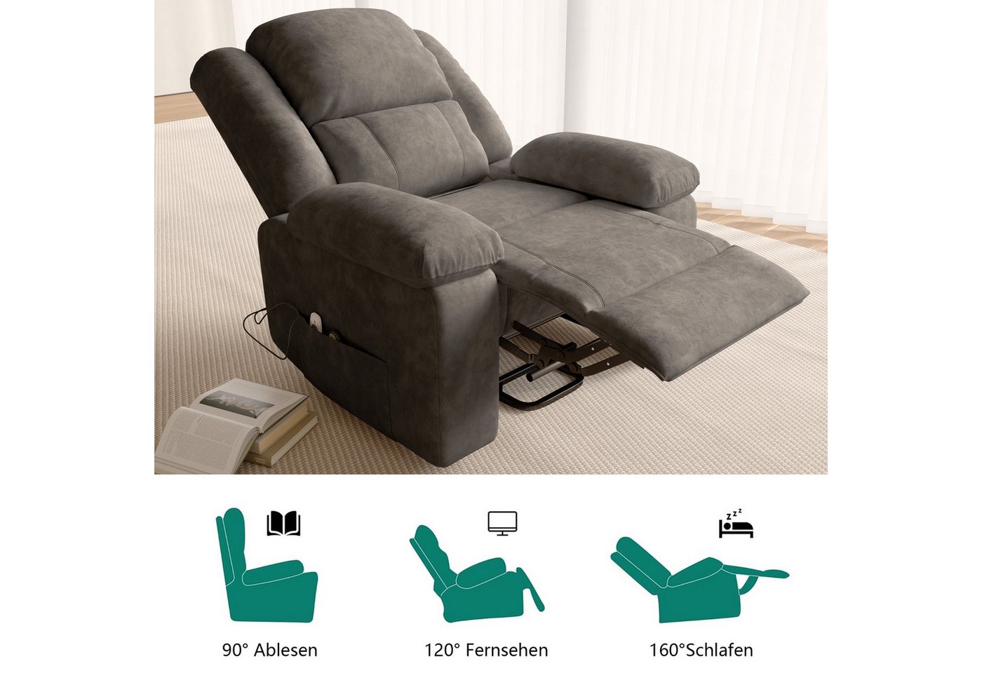 ADWOLT Relaxsessel Elektrisch Massagesessel mit Liegefunktion Fernsehsessel TV-Sessel (Set, 1-St), 360°Drehbarer Liegesessel Heizung Verstellbar Sessel bis 150  – Bild 2 von 5