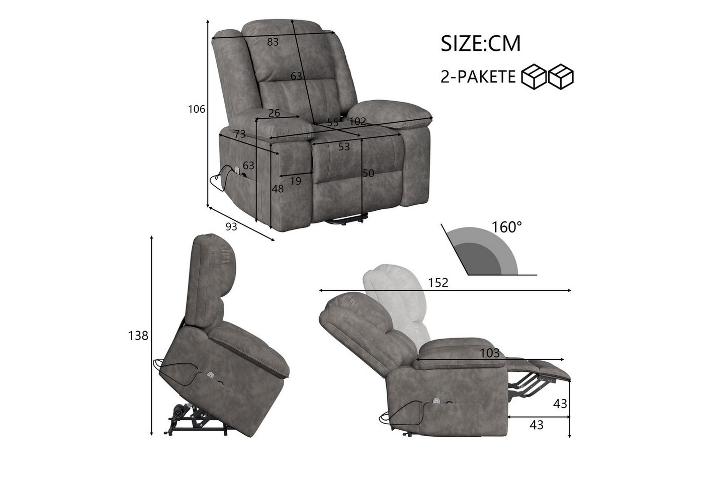 ADWOLT Relaxsessel Elektrisch Massagesessel mit Liegefunktion Fernsehsessel TV-Sessel (Set, 1-St), 360°Drehbarer Liegesessel Heizung Verstellbar Sessel bis 150  – Bild 4 von 5