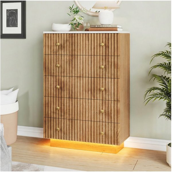 ADWOLT Sideboard Kommode mit 5 Schubladen, Holz Schrank mit LED-Beleuchtung,für Wohnzimmer und Schlafzimmer,Natur
