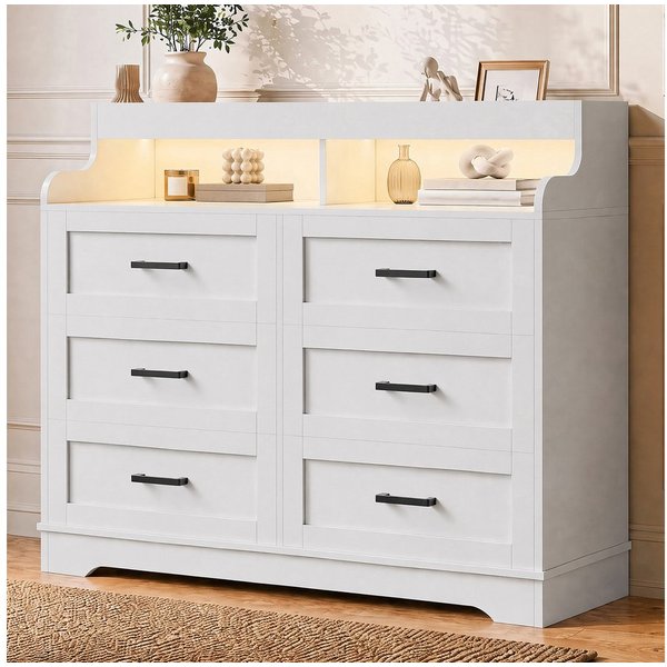 ADWOLT Sideboard LED Kommode mit 6 Schubladen 110 x 40 x 99 cm (Set, 1 St., viel Stauraum), Weiß Moderner Schubladenschrank für Wohnzimmer Schlafzimmer