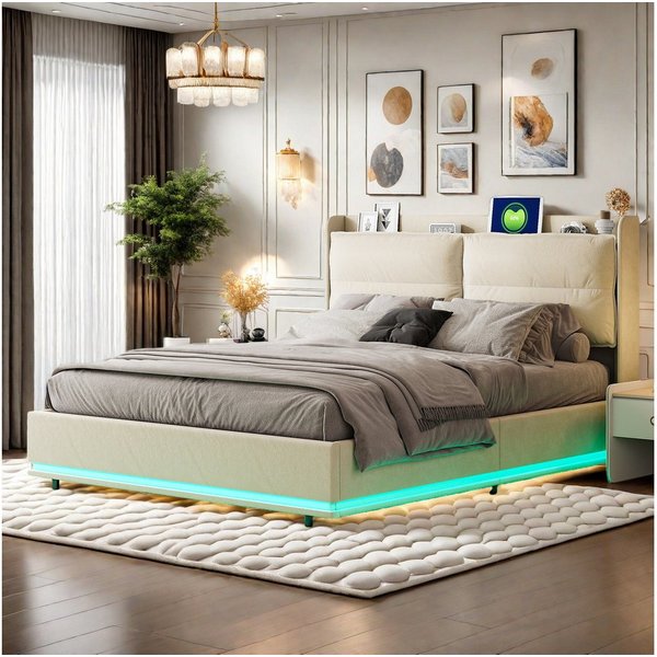 ADWOLT Stauraumbett Polsterbett Doppelbett mit LED-Beleuchtung (Set, 1-tlg., Gepolstertes Kopfteil mit Stauraum), Hydraulisches Funktionsbett, ohne Matratze, Sa