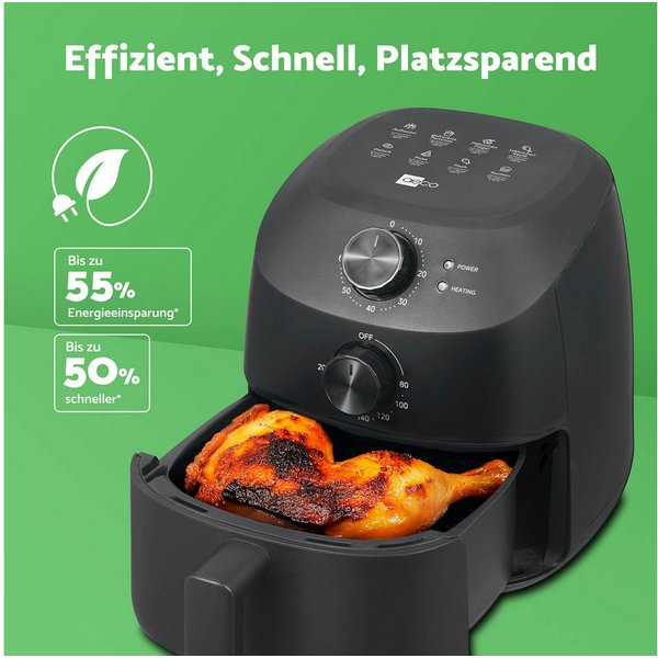 AECO Heißluftfritteuse, kompakt, platzsparend, 1150 W, 2l Fassungsvermögen, BPA-frei, CUBE 2.0