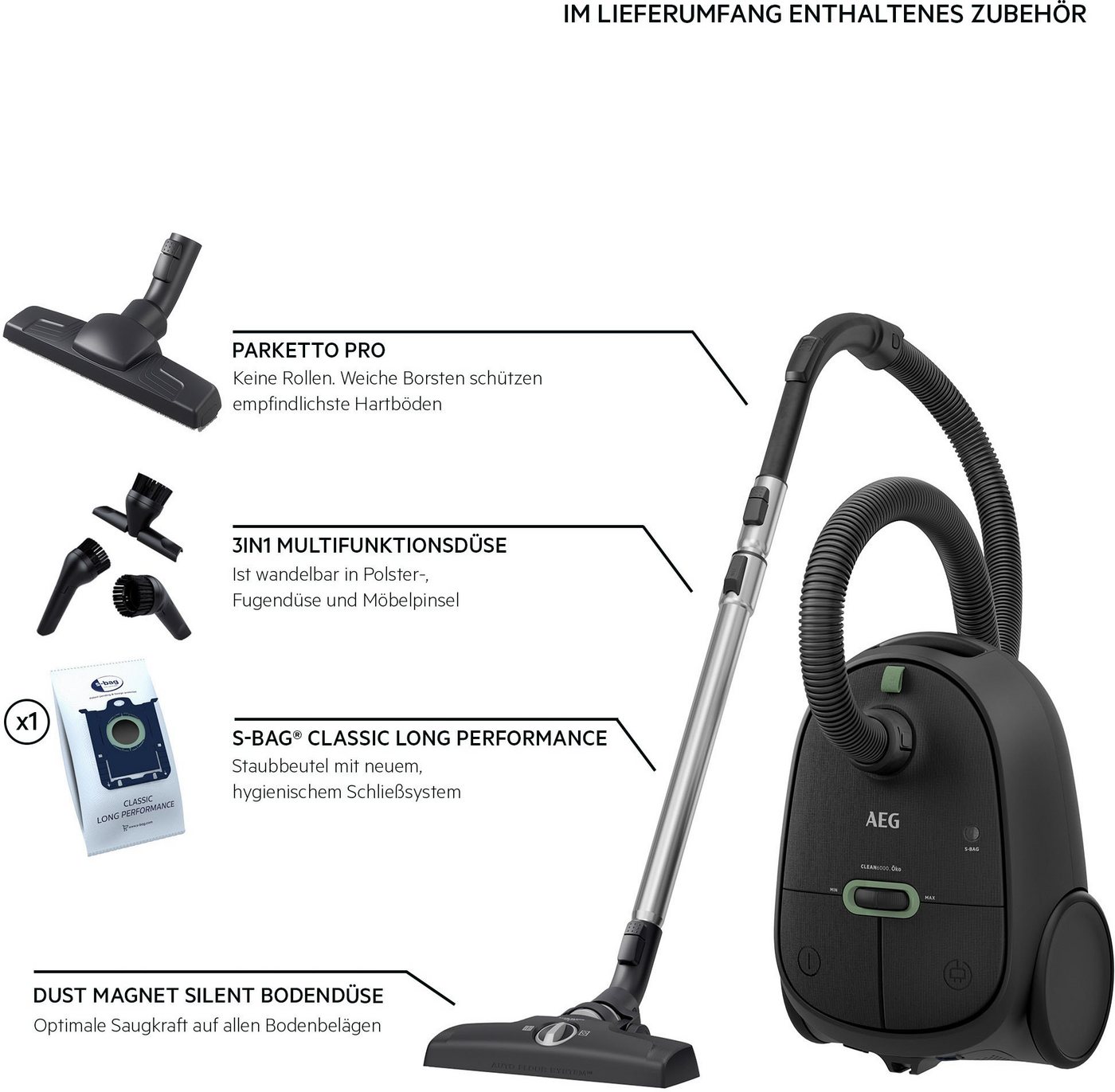 AEG Bodenstaubsauger CLEAN 6000 (AB61C2ÖKO/AB61C1WP/AB61C2DBS), hohe Saugleistung, 750 W, mit Beutel, inkl. Zusatzdüsen – Bild 3 von 5