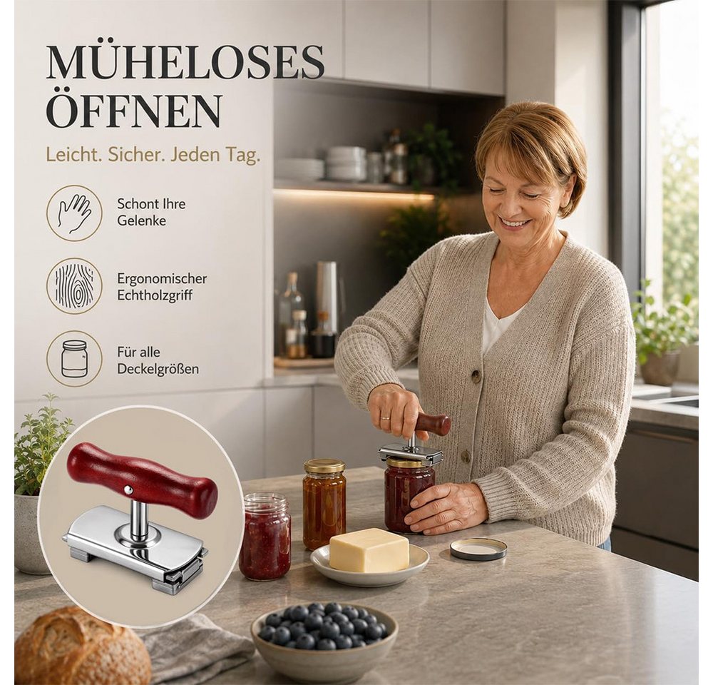 AFKSMILE Dosenöffner Dosenöffner, Manueller Glasöffner für Senioren, Edelstahl Deckelöffner, Verstellbares Gläseröffner, Hochwertiger Edelstahl mit Holzgriff – Bild 2 von 5