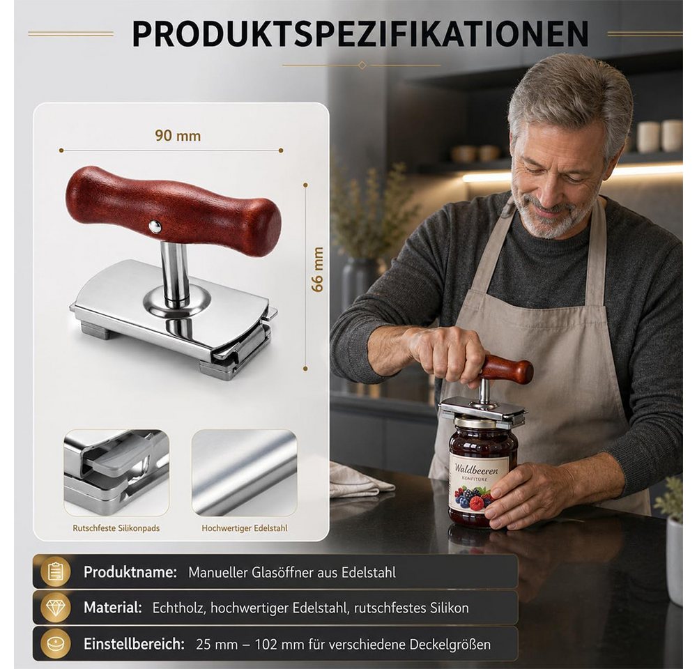 AFKSMILE Dosenöffner Dosenöffner, Manueller Glasöffner für Senioren, Edelstahl Deckelöffner, Verstellbares Gläseröffner, Hochwertiger Edelstahl mit Holzgriff – Bild 4 von 5