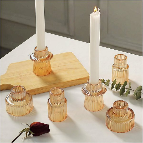 AFKSMILE Kerzenhalter 6er-Set Glas-Kerzenhalter, 2-in-1-Teelichthalter für Tischdekorationen, Doppelseitige Vintage-Kerzenhalter aus geripptem für Dinnerpartys