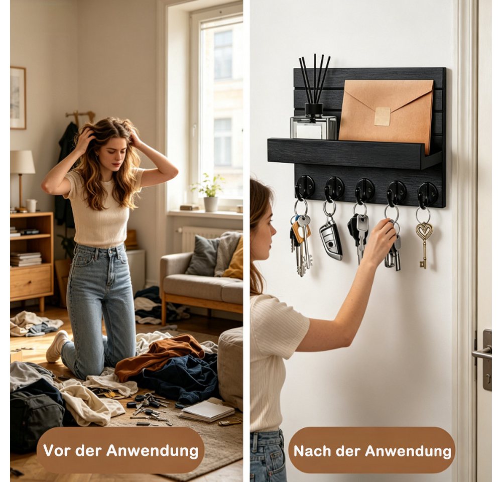 AFKSMILE Schlüsselbrett Schlüsselbrett mit Ablage, dekoratives Holzwandregal 5 Schlüsselhaken, Wandtastatur für Eingang, Flur, Schlafzimmer, Befestigung Bohrlöc – Bild 5 von 5