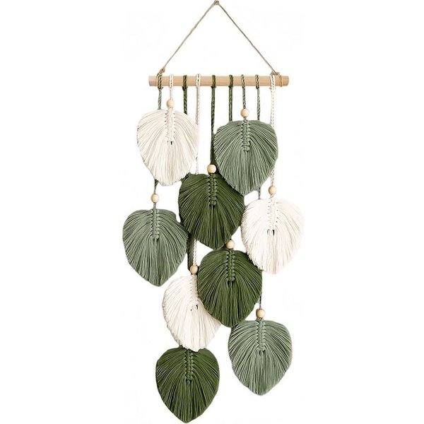 AFKSMILE Wandteppich Boho Deko Makramee Wandteppich mit Holzperlen und Grün Blätter, Wandbehang für Schlafzimmer Wohnzimmer Kinderzimmer Wanddeko