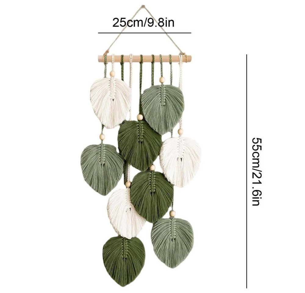 AFKSMILE Wandteppich Boho Deko Makramee Wandteppich mit Holzperlen und Grün Blätter, Wandbehang für Schlafzimmer Wohnzimmer Kinderzimmer Wanddeko – Bild 2 von 5