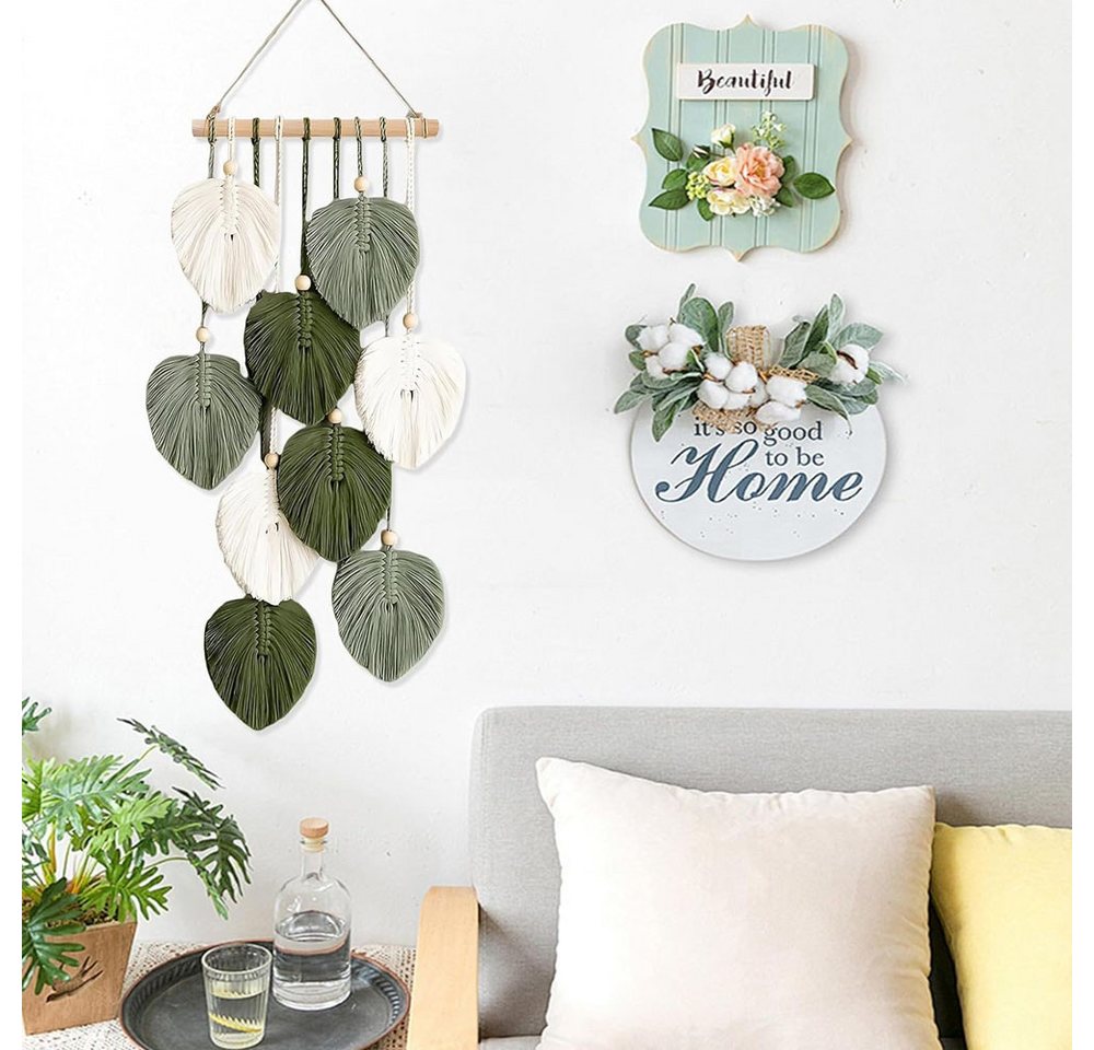 AFKSMILE Wandteppich Boho Deko Makramee Wandteppich mit Holzperlen und Grün Blätter, Wandbehang für Schlafzimmer Wohnzimmer Kinderzimmer Wanddeko – Bild 5 von 5