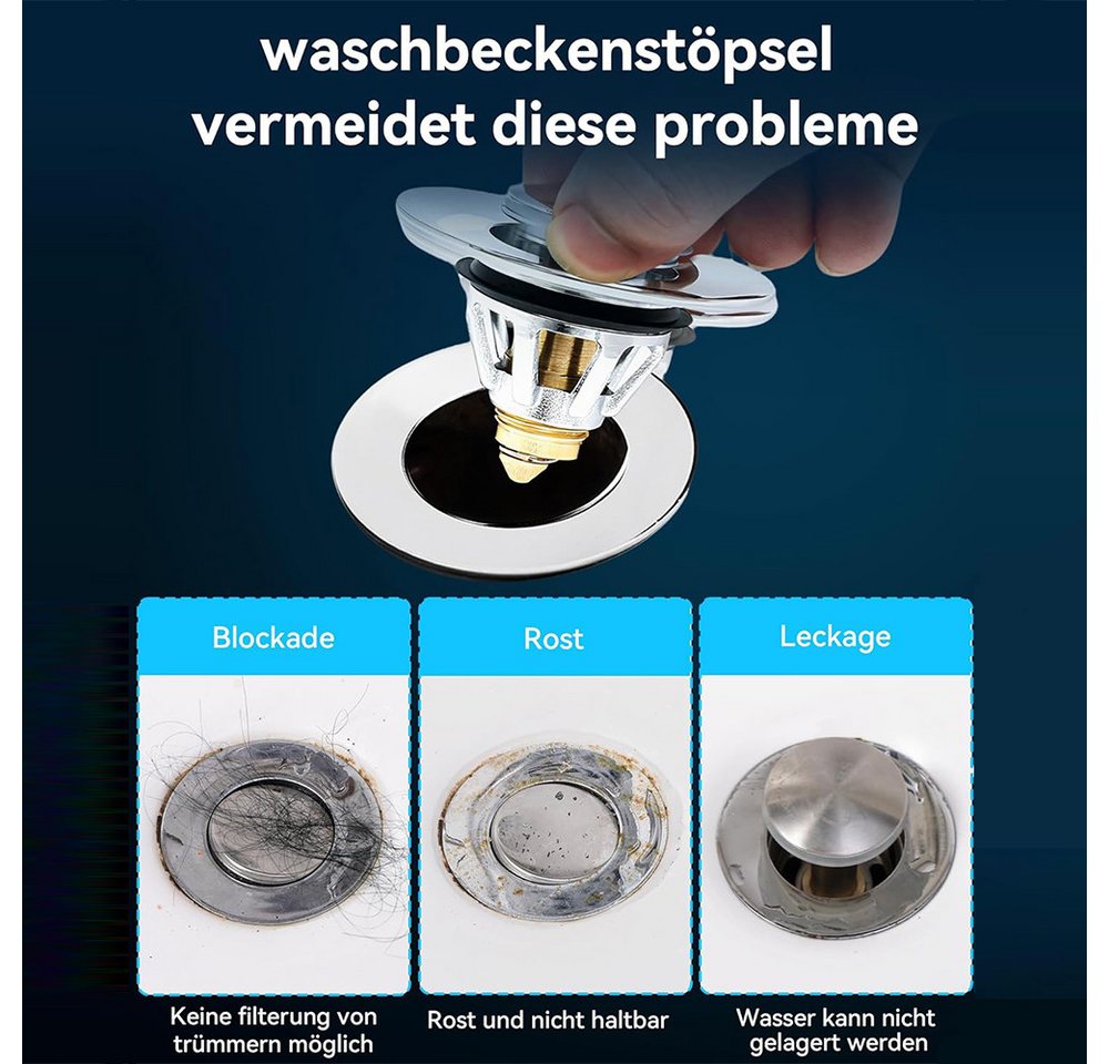 AFKSMILE Waschbeckenstöpsel Waschbeckenstöpsel, Universal Pop-up Abflussstopfen Waschbecken, (1 St), Abflusssieb Stöpsel Waschbecken, Abflussstopfen für Aufsatz – Bild 2 von 5