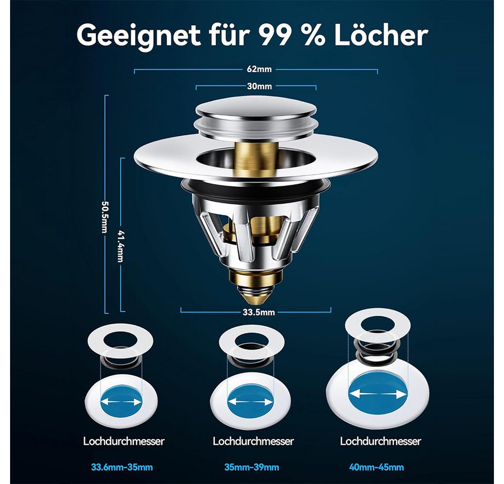 AFKSMILE Waschbeckenstöpsel Waschbeckenstöpsel, Universal Pop-up Abflussstopfen Waschbecken, (1 St), Abflusssieb Stöpsel Waschbecken, Abflussstopfen für Aufsatz – Bild 3 von 5