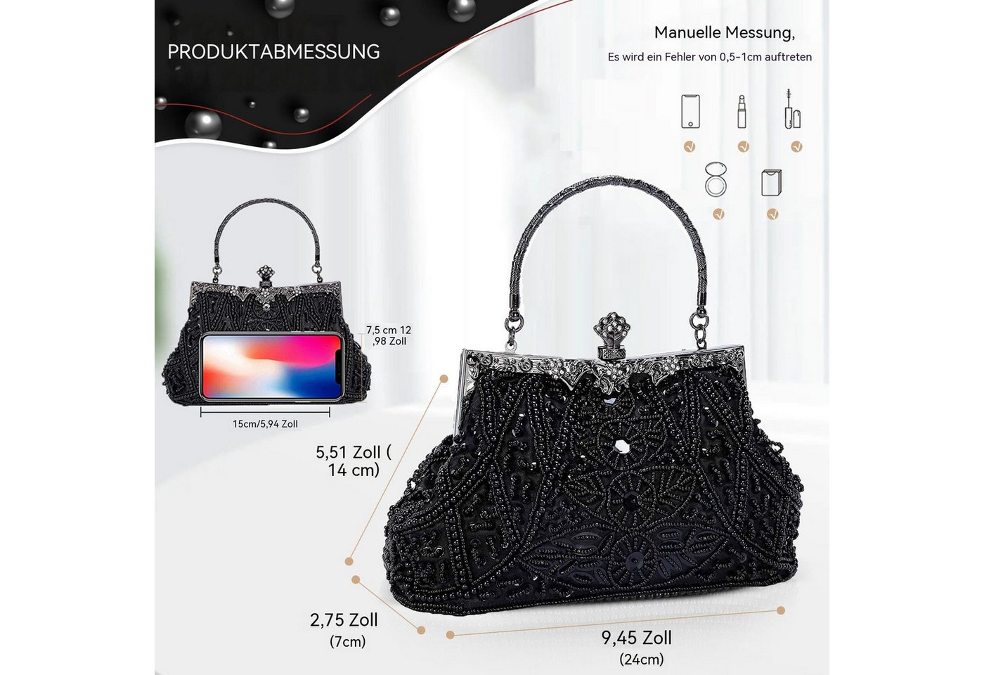 Agger Abendtasche Glitzer-Abendtasche, Elegante Clutch Damen mit Kette,Vintage-Tasche, Handtasche mit Perlen,für Hochzeit, Party, Freizeit, Date – Bild 2 von 5