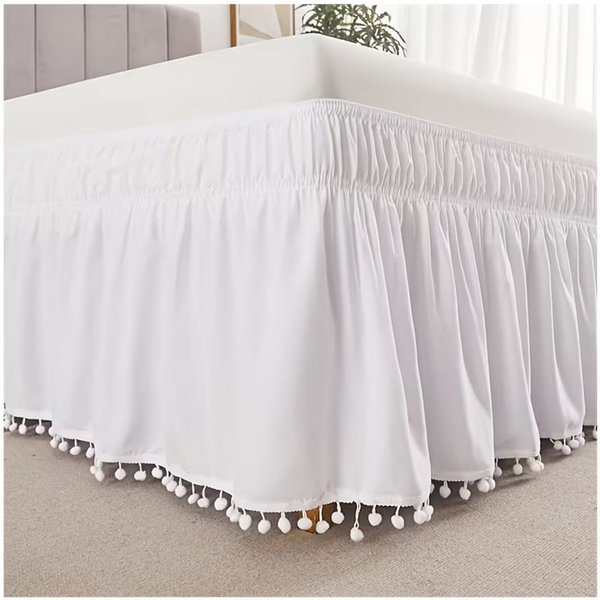Agger Bettwäsche Bettrock,elastisches Bettlaken mit Pompons,40 cm Fallhöhe, einfach zu installieren, leichte, Dekorativ,Maschinenwaschbar
