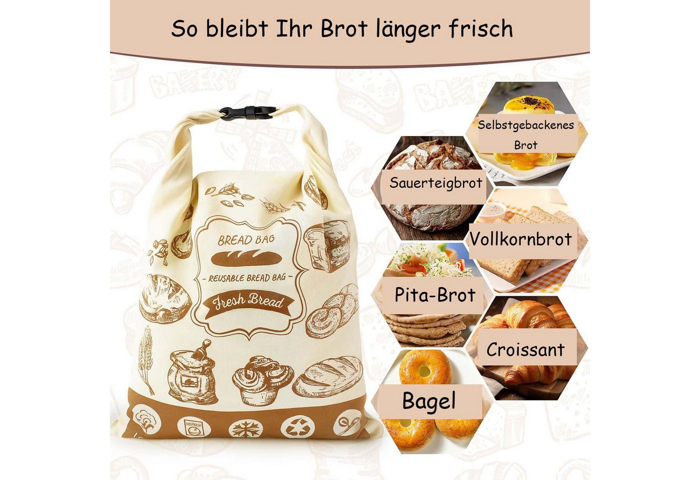 Agger Brottasche 1 Stück Wiederverwendbare Brotbeutel, 40x31.5cm Baumwoll Brottasche, (1-tlg) – Bild 5 von 5