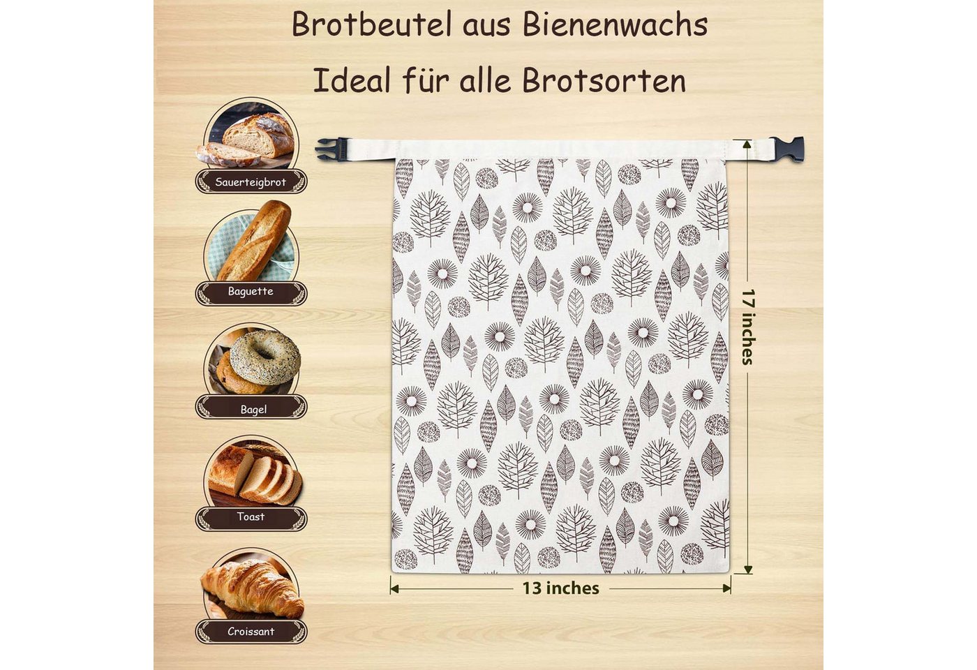 Agger Brottasche 2er Wiederverwendbare Bienenwachs Brotbeutel 43cm×33cm, (2-tlg) – Bild 2 von 5