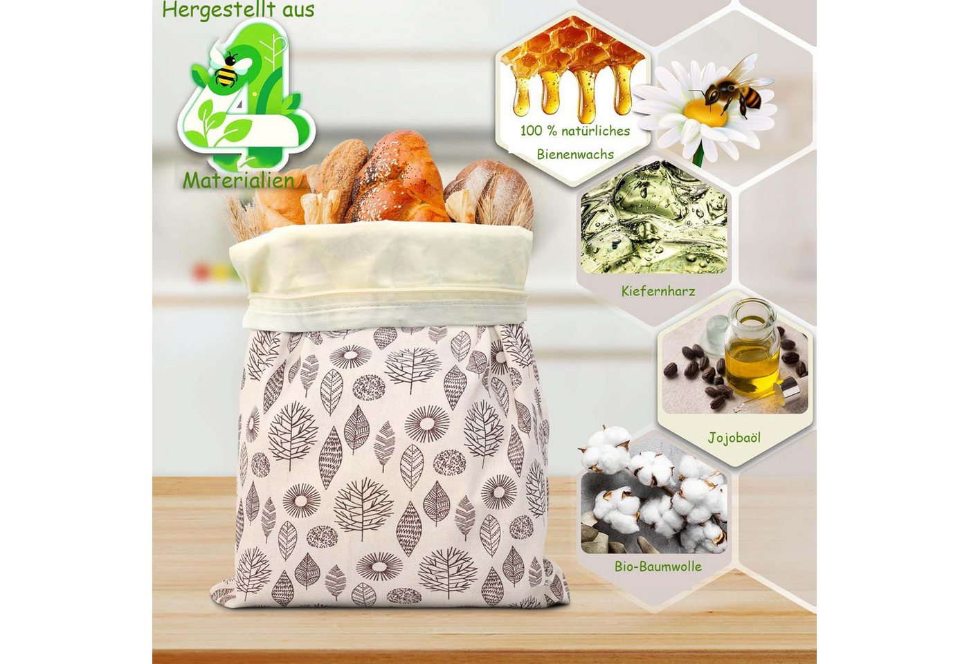 Agger Brottasche 2er Wiederverwendbare Bienenwachs Brotbeutel 43cm×33cm, (2-tlg) – Bild 5 von 5