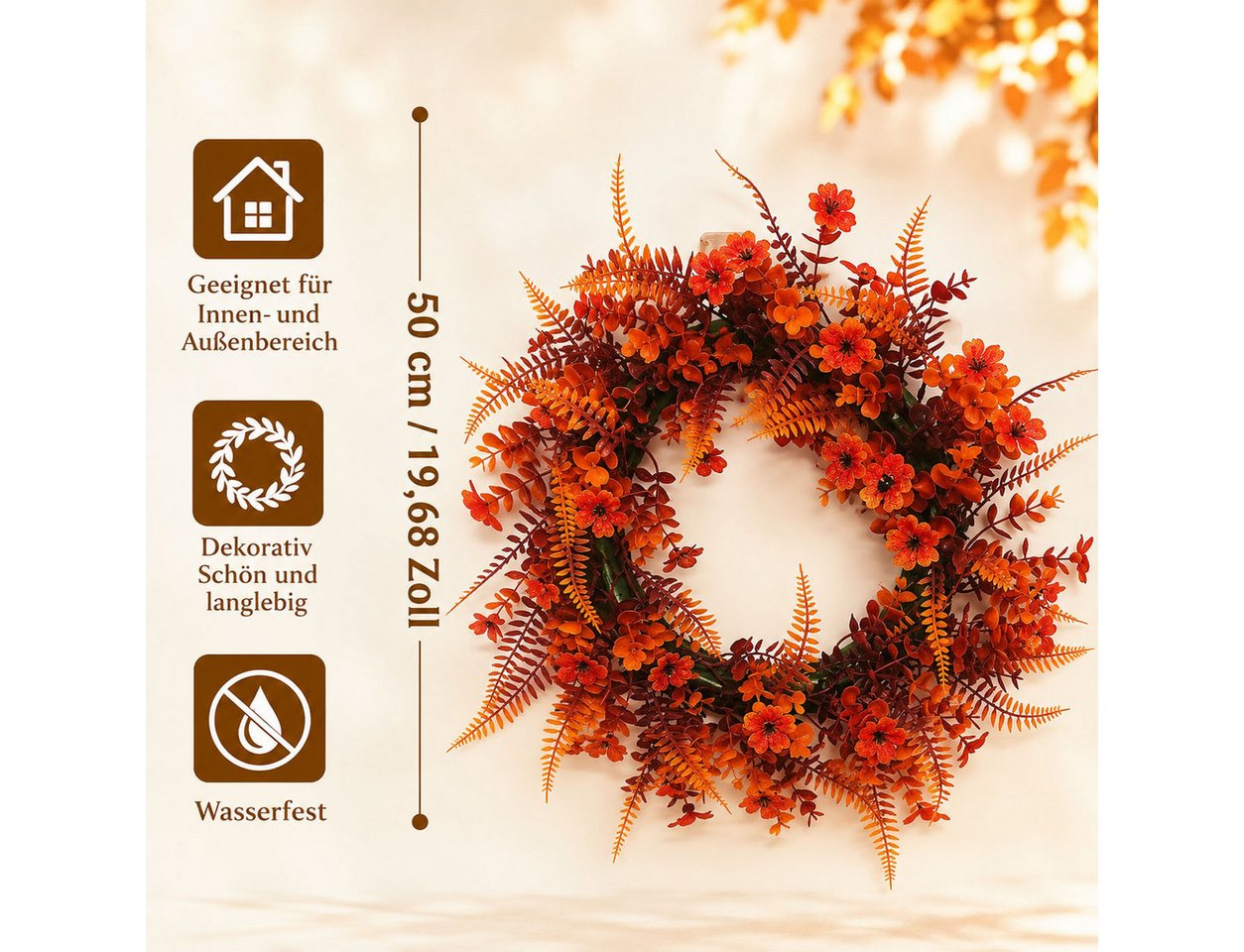 Agger Dekokranz Künstlicher Eukalyptus-Kranz, herbstlicher Kunstblumenkranz, geeignet für Halloween-, Thanksgiving- und Herbstdekorationen – Bild 2 von 5