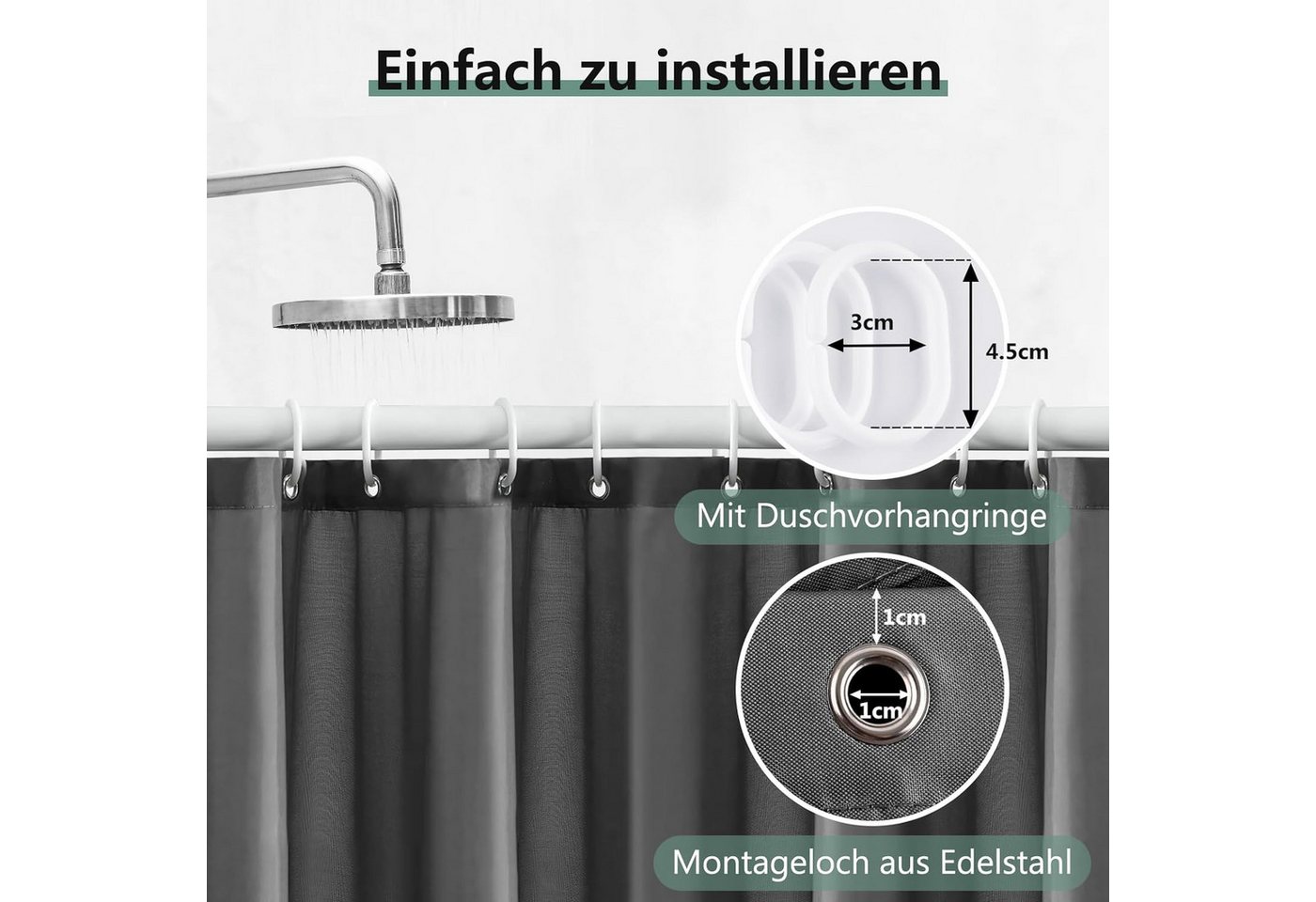 Agger Duschvorhang Anti-Schimmel Badezimmervorhang, Wasserdicht und Waschbar Breite 180 cm (1-tlg), Perfekt für Badewanne & Dusche – Bild 5 von 5