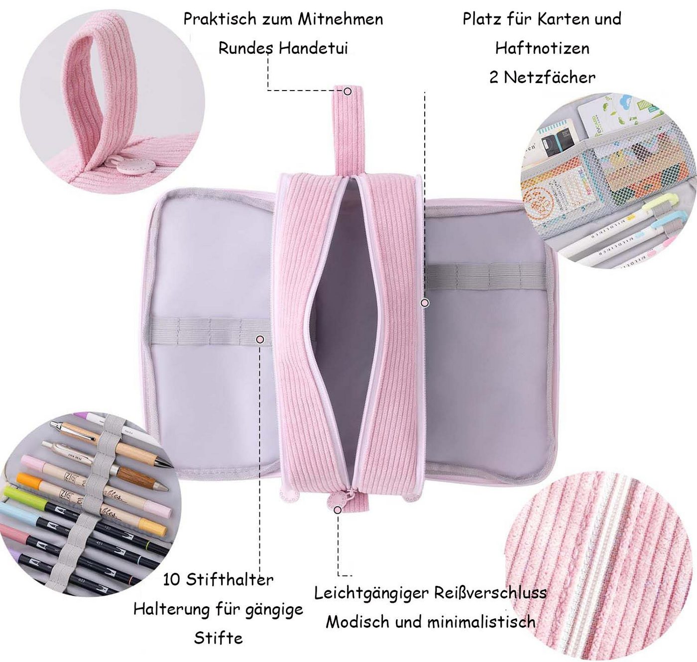 Agger Federmäppchen aus Cord-Stoff Federtaschen Mäppchen mit 3 Fächer Schulmäppchen Große – Bild 4 von 5