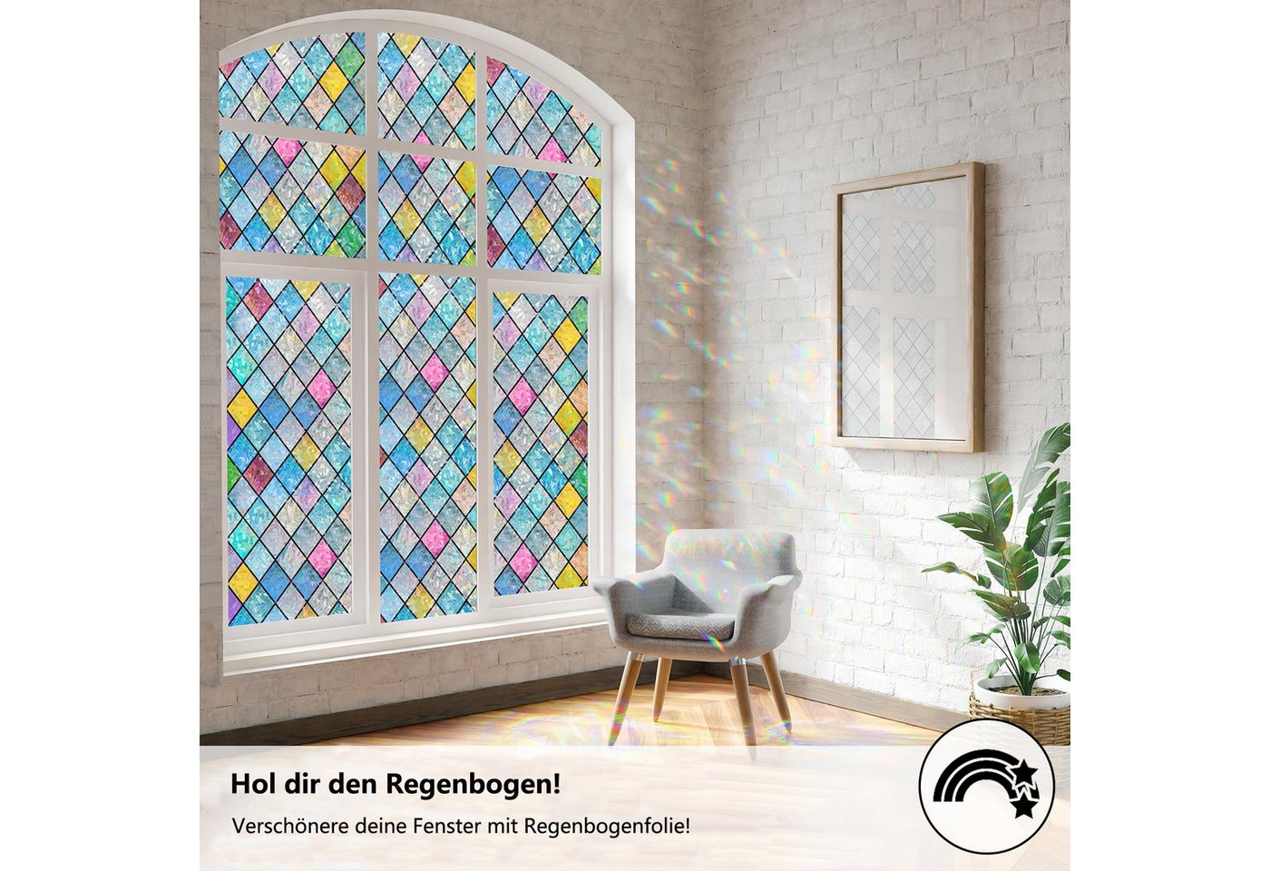 Agger Fensterfolie Blickdicht Selbsthaftende, Sichtschutzfolie Fenster Raute Bunt, 3D Regenbogen Folie Fenster Statisch Haftend ohne Klebstoff – Bild 2 von 5