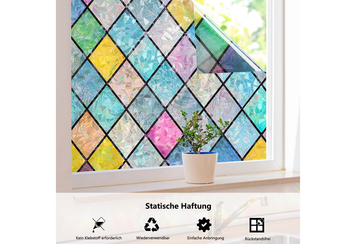 Agger Fensterfolie Blickdicht Selbsthaftende, Sichtschutzfolie Fenster Raute Bunt, 3D Regenbogen Folie Fenster Statisch Haftend ohne Klebstoff – Bild 5 von 5